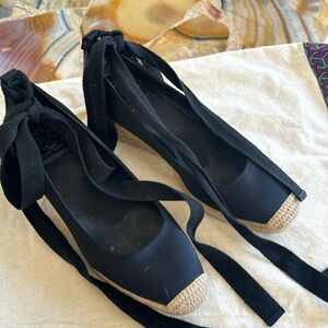 Preowned Tory Burch black satin espadrilles with ankle strap size 6.5